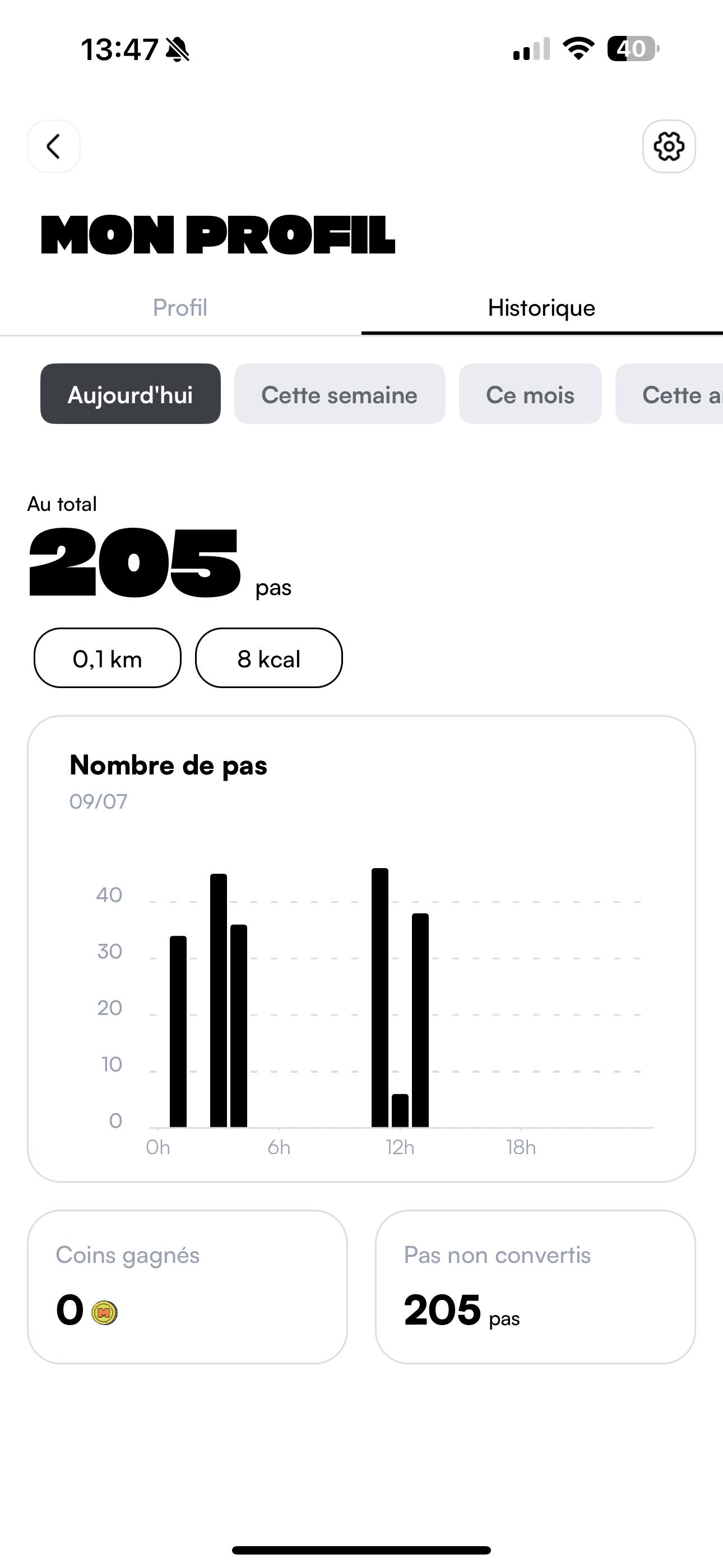 Macadam app profile page with custom steps history charts