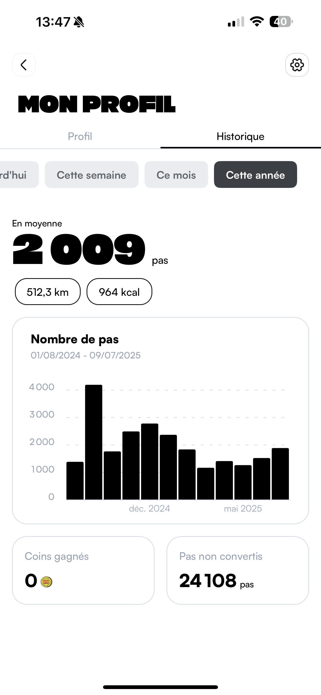 Macadam app profile page with custom steps history charts