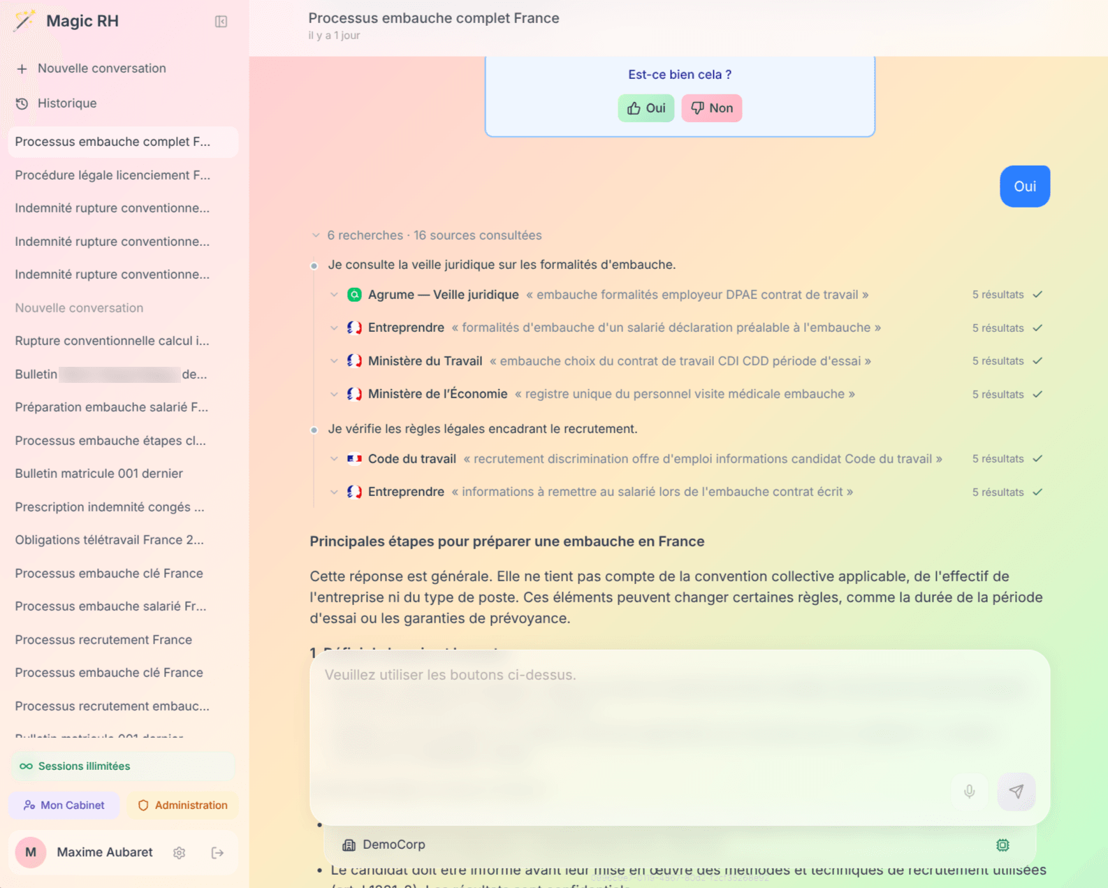 Magic RH - Réponse de l'application avec les recherches et sources consultées