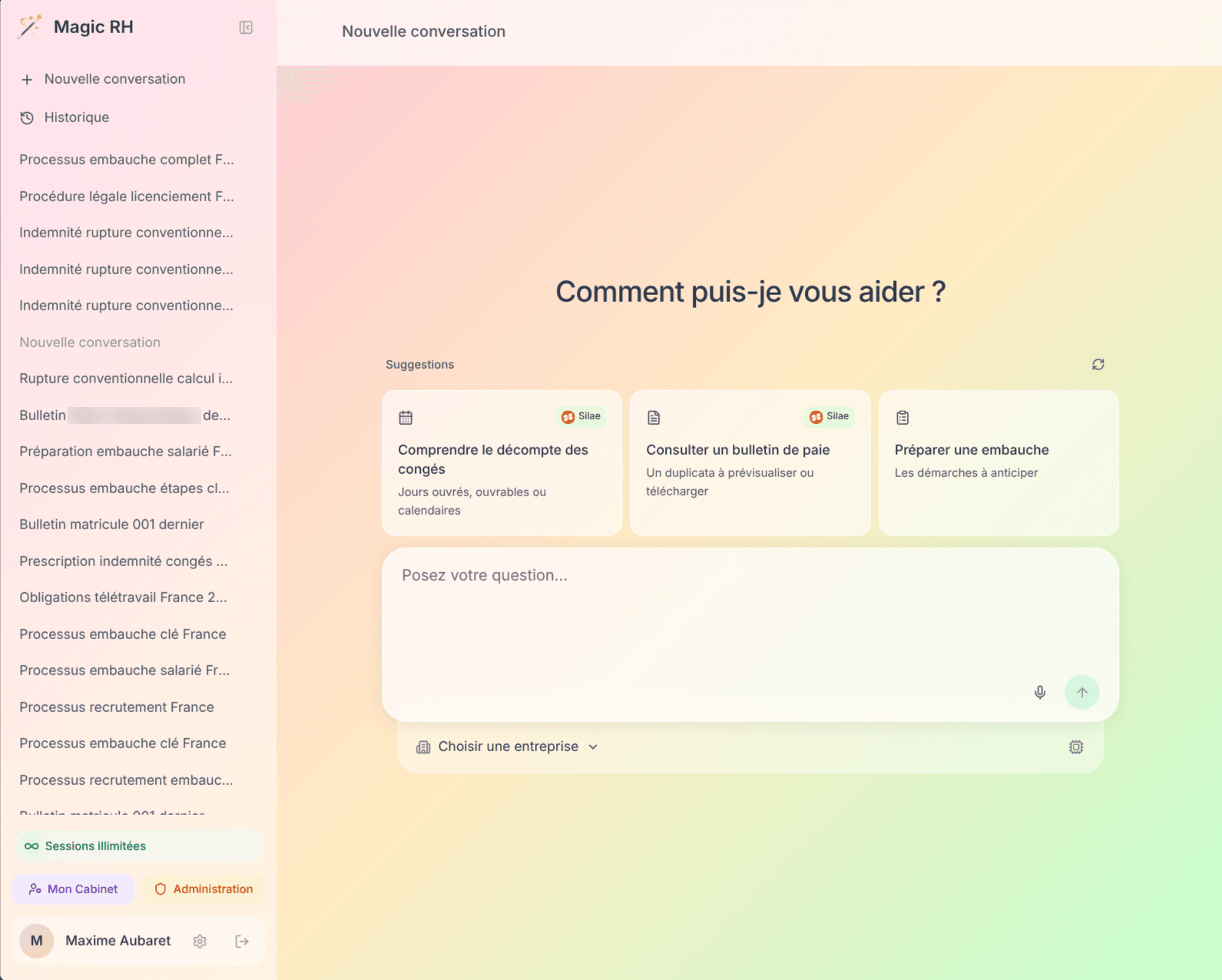 Magic RH - Écran d'accueil de l'application avec des suggestions de questions