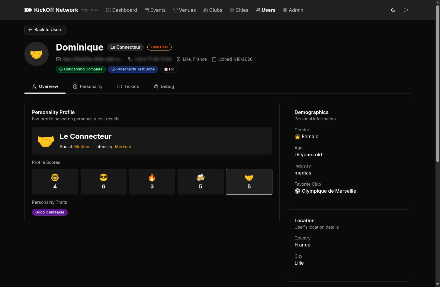 Kickoff Network - Profil utilisateur Backoffice